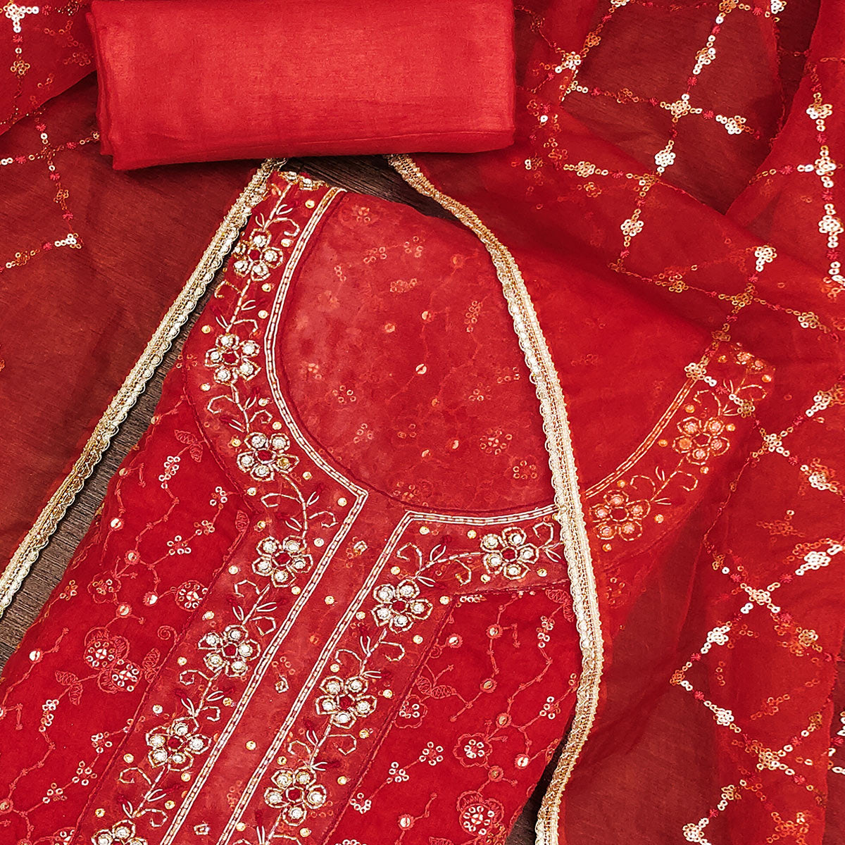 Red Floral Sequins Embroidered With Handwork Organza Dress Material