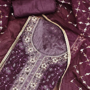 Wine Floral Sequins Embroidered With Handwork Organza Dress Material