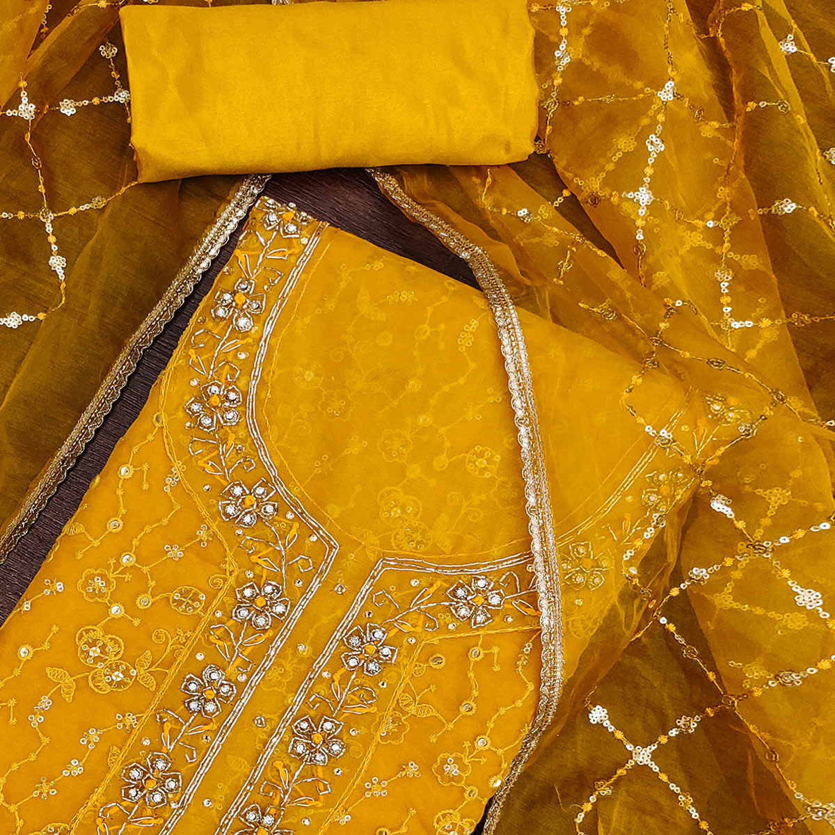 Yellow Floral Sequins Embroidered With Handwork Organza Dress Material