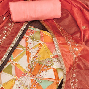 Peach Geometric Digital Printed With Handwork Roman Cotton Silk Dress Material