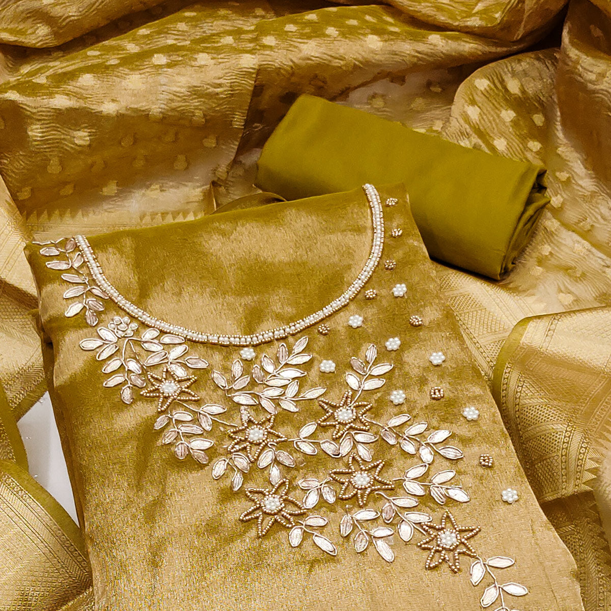 Dark Mustard Floral Moti & Gota Patti Handwork Viscose Dress Material