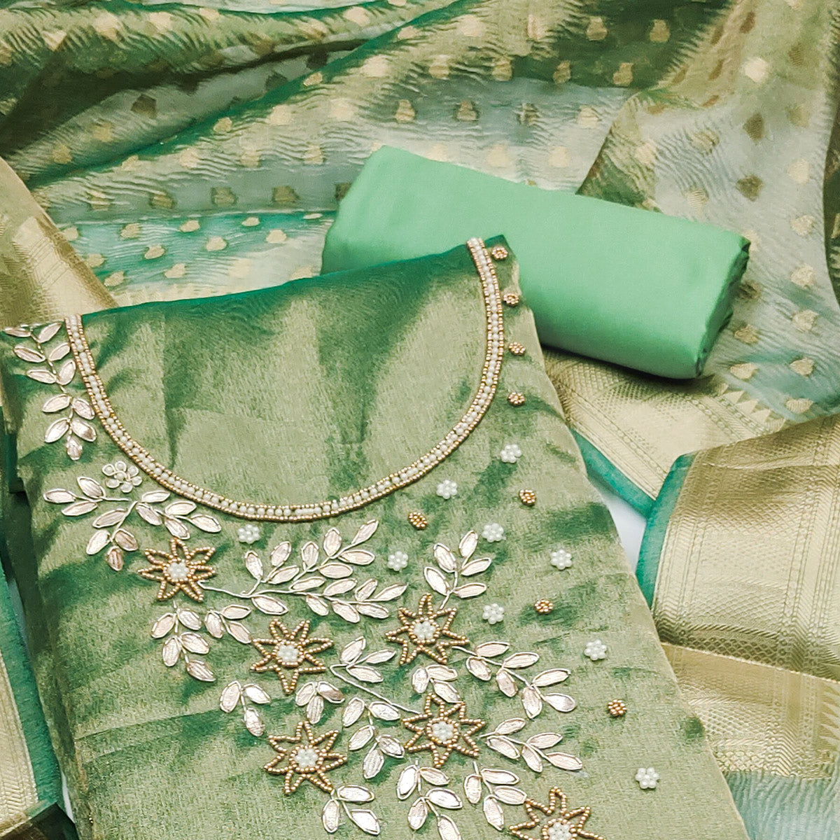 Green Floral Moti & Gota Patti Handwork Viscose Dress Material
