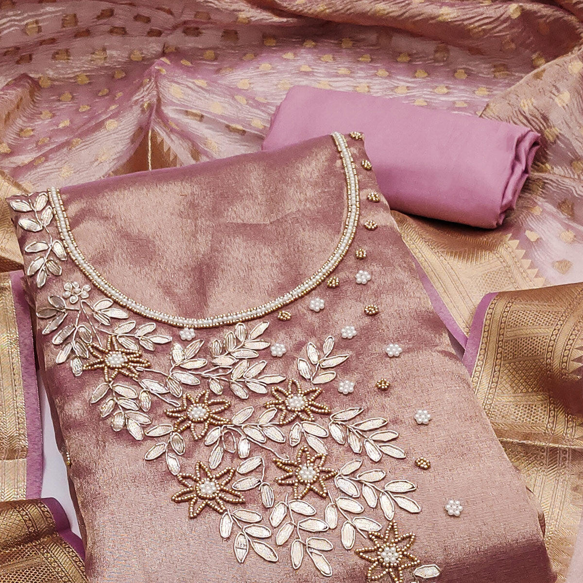 Purple Floral Moti & Gota Patti Handwork Viscose Dress Material