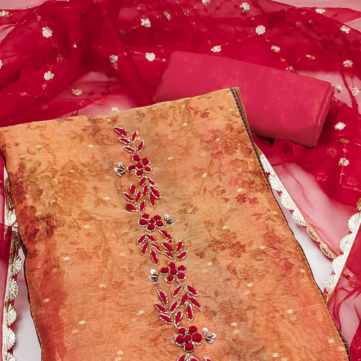 Red & Orange Floral Printed With Handwork Shimmer Viscose Dress Material