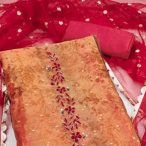 Red & Orange Floral Printed With Handwork Shimmer Viscose Dress Material