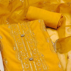 Yellow Floral Sequins Embroidered Cotton Silk Dress Material