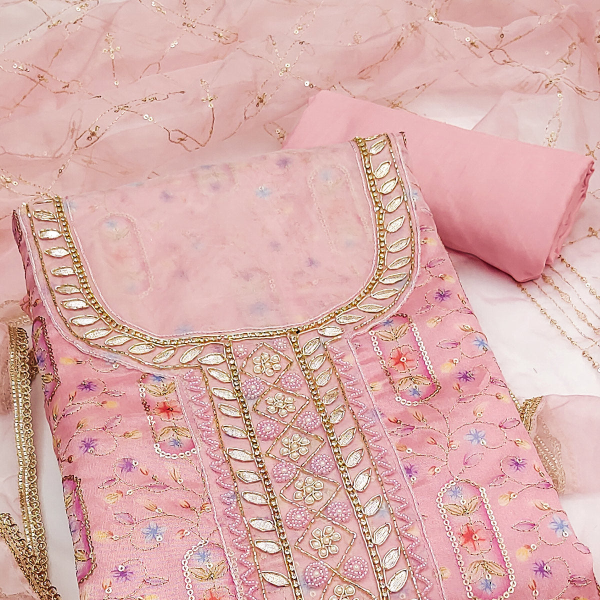 Pink Floral Sequins Embroidery With Handwork Viscose Dress Material