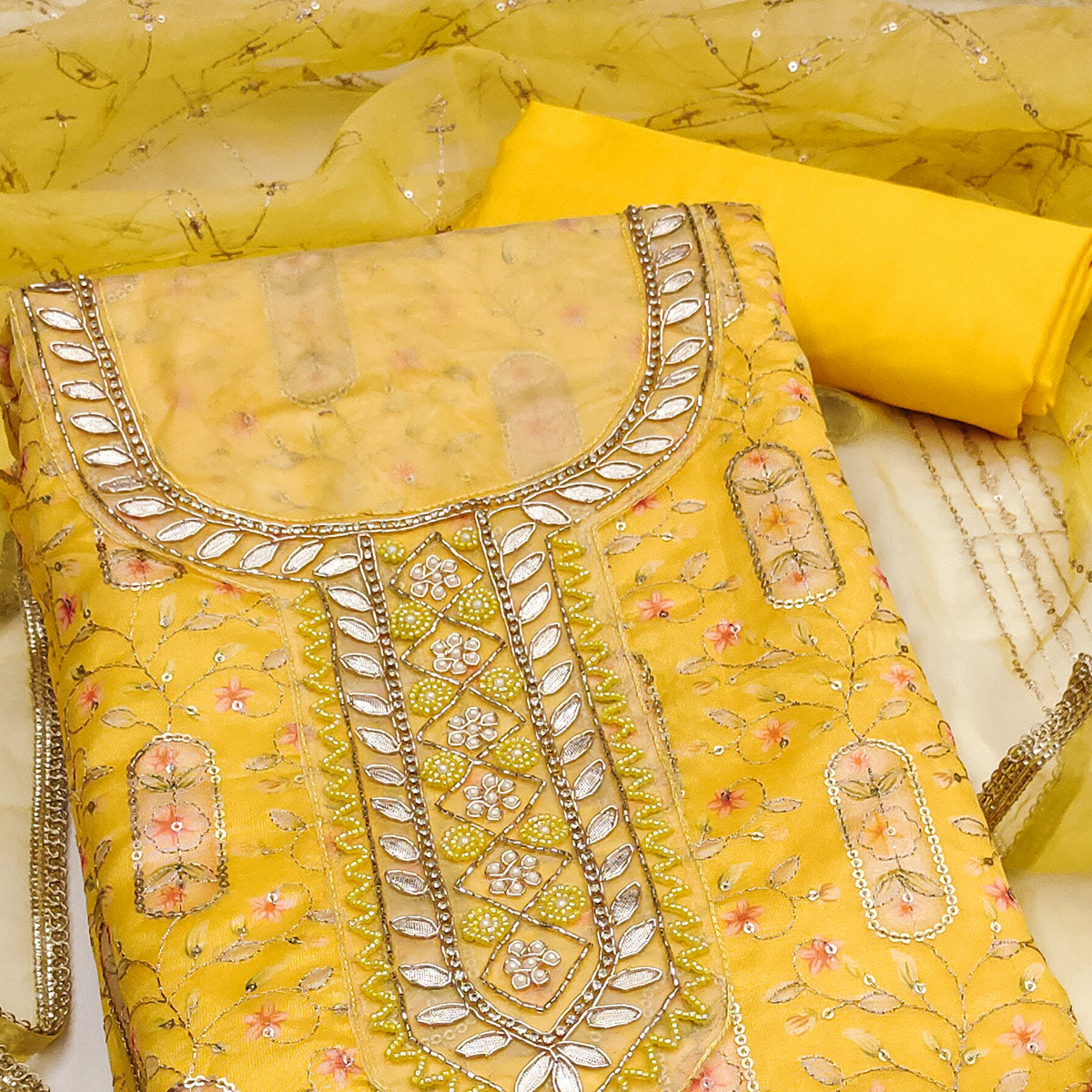 Yellow Floral Sequins Embroidery With Handwork Viscose Dress Material