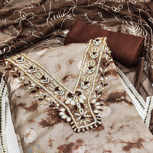 Brown Digital Printed With Handwork Organza Dress Material