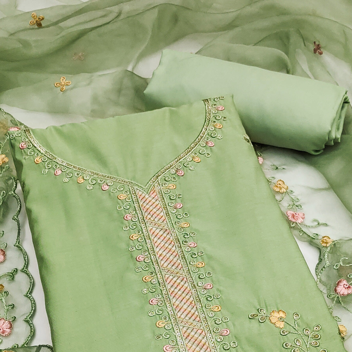 Green Floral Sequins Embroidered Cotton Silk Dress Material