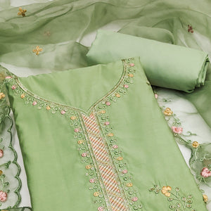 Green Floral Sequins Embroidered Cotton Silk Dress Material