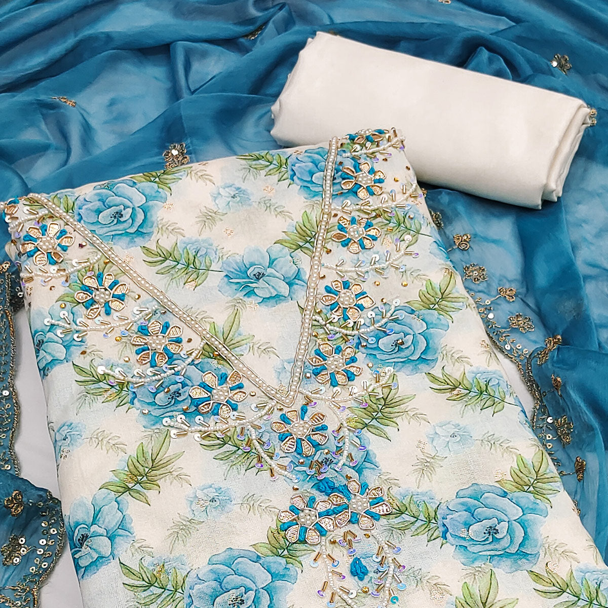 Blue Floral Digital Printed With Handwork Chanderi Silk Dress Material