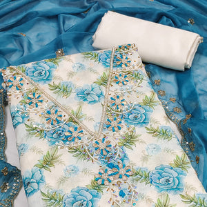 Blue Floral Digital Printed With Handwork Chanderi Silk Dress Material