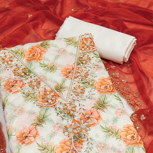 Orange Floral Digital Printed With Handwork Chanderi Silk Dress Material