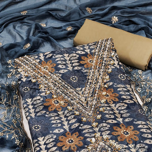 Blue Floral Printed With Handwork Pure Cotton Dress Material