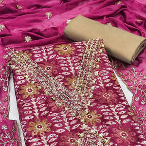 Dark Magenta Floral Printed With Handwork Pure Cotton Dress Material