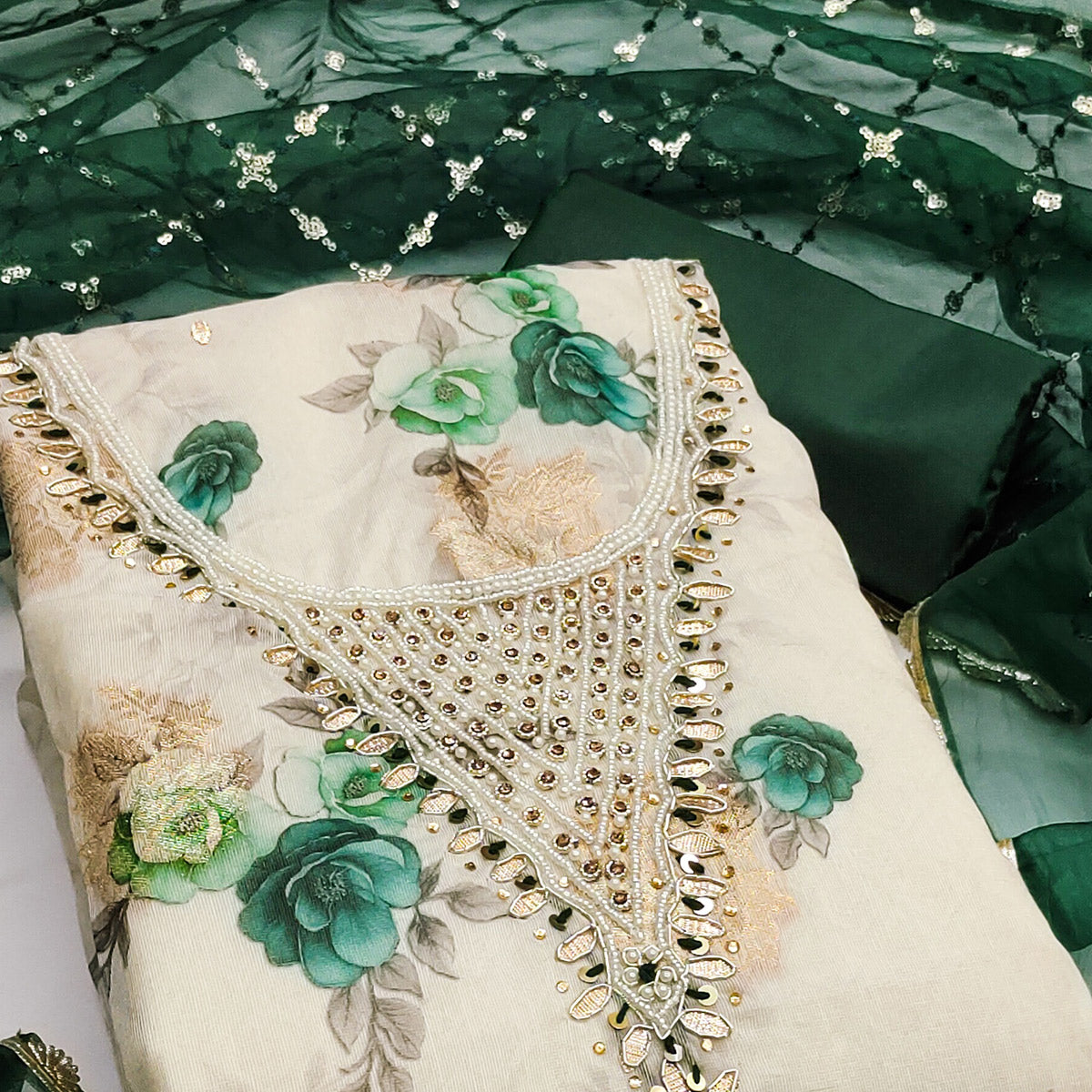 Green Floral Digital Printed With Handwork Viscose Banarasi Dress Material