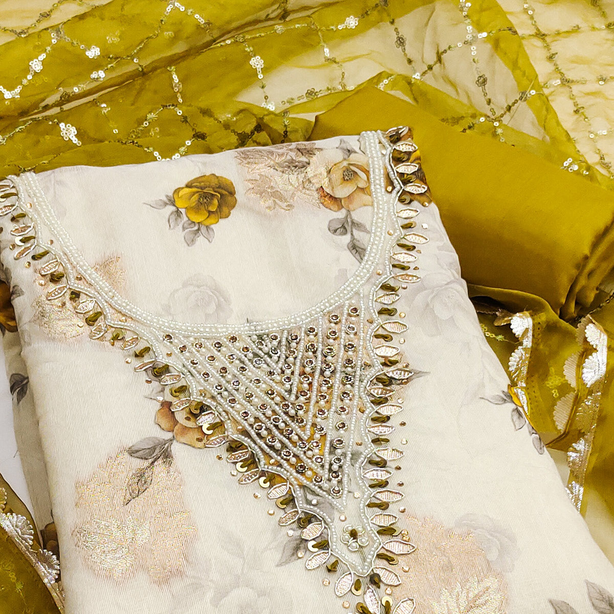 Mustard Floral Digital Printed With Handwork Viscose Banarasi Dress Material