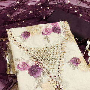 Wine Floral Digital Printed With Handwork Viscose Banarasi Dress Material