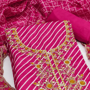 Rani Pink Striped Digital Printed With Handwork Muslin Dress Material