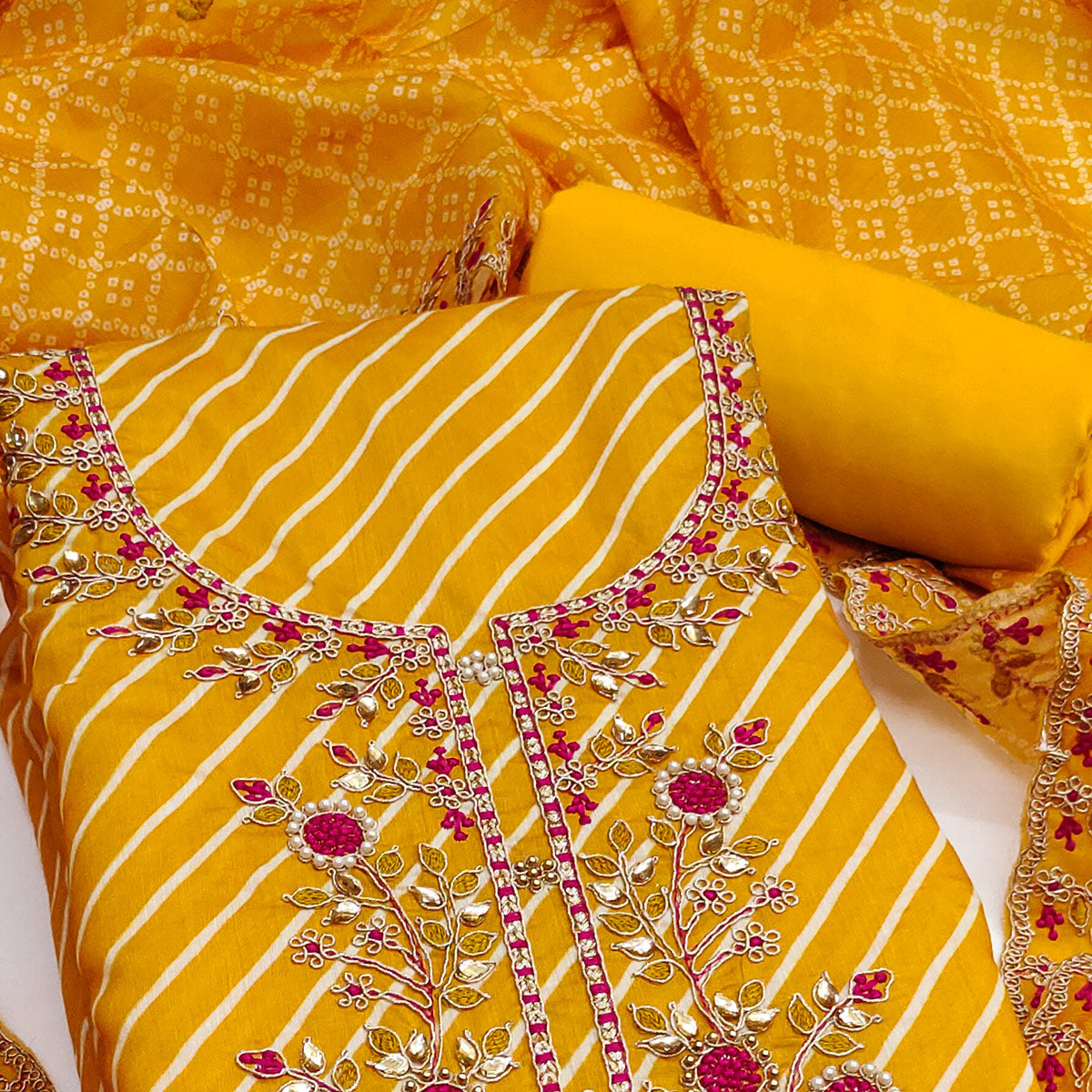 Yellow Striped Digital Printed With Handwork Muslin Dress Material