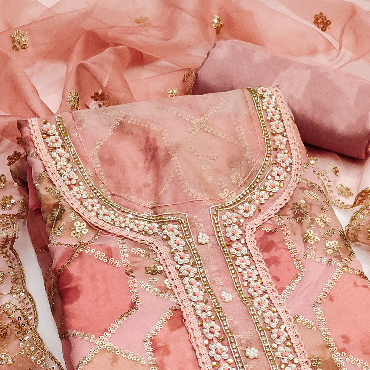 Peach Floral Sequins Embroidery With Handwork Organza Dress Material