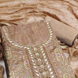 Chikoo Floral Sequins Embroidery With Handwork Organza Dress Material