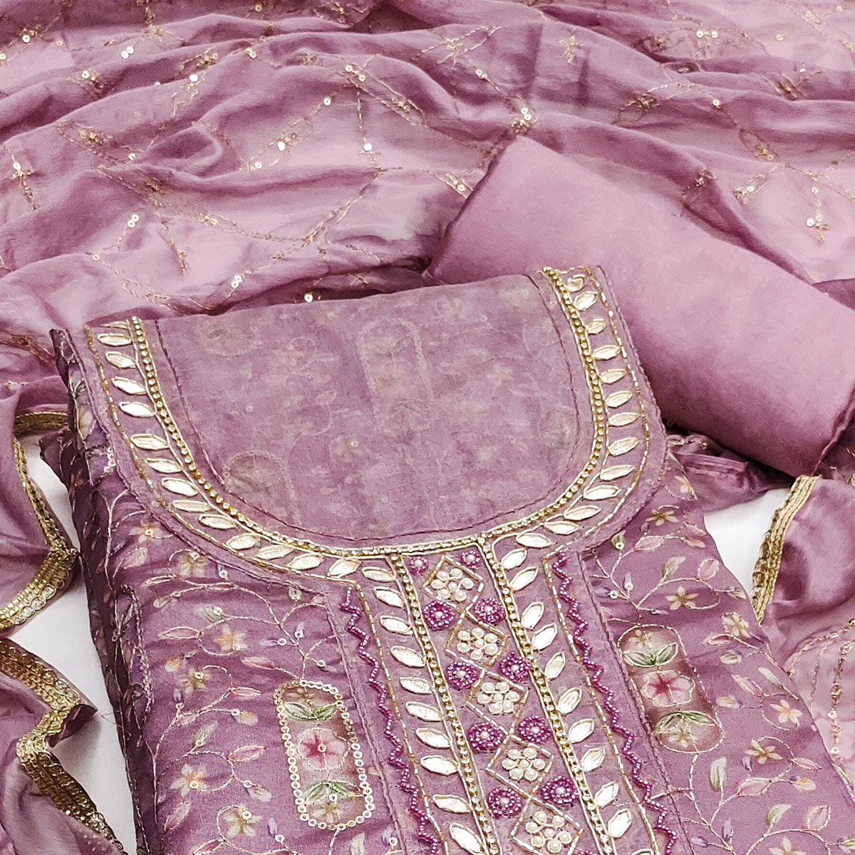 Mauve Floral Sequins Embroidery With Handwork Organza Dress Material