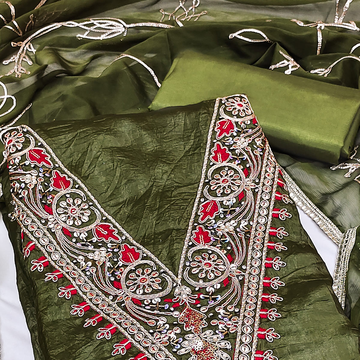 Green Sequins Embroidery With Handwork Viscose Golden Crush Dress Material