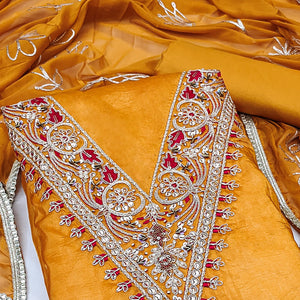Mustard Sequins Embroidery With Handwork Viscose Golden Crush Dress Material