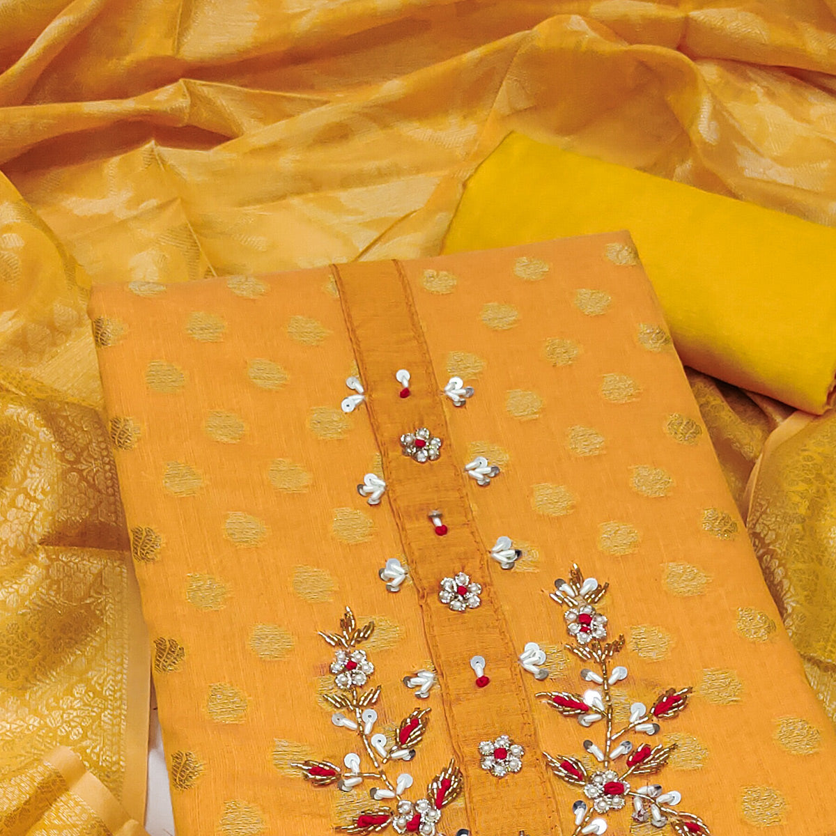 Yellow Floral Woven With Handwork Banarasi Silk Dress Material