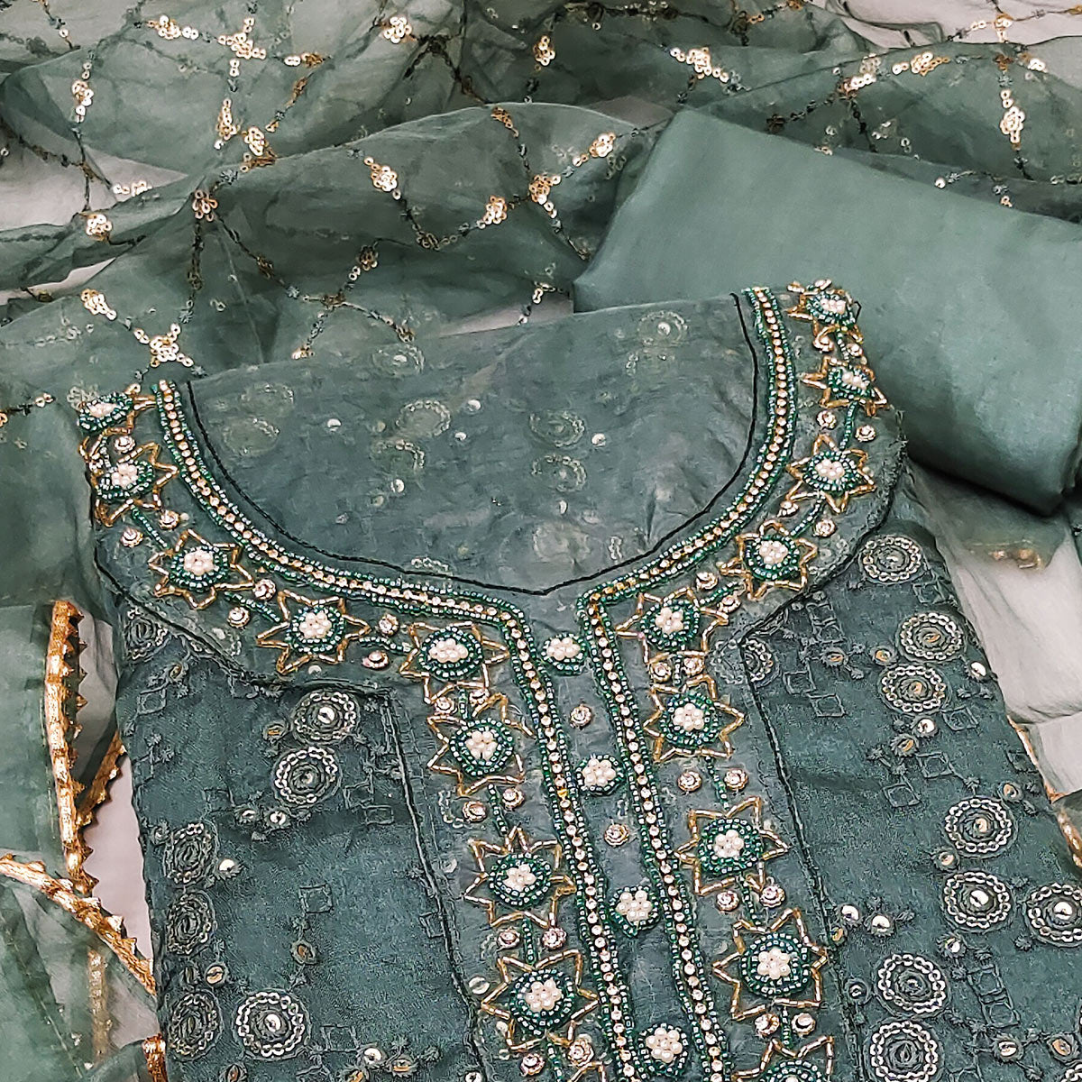 Green Sequins Embroidery With Handwork Organza Dress Material