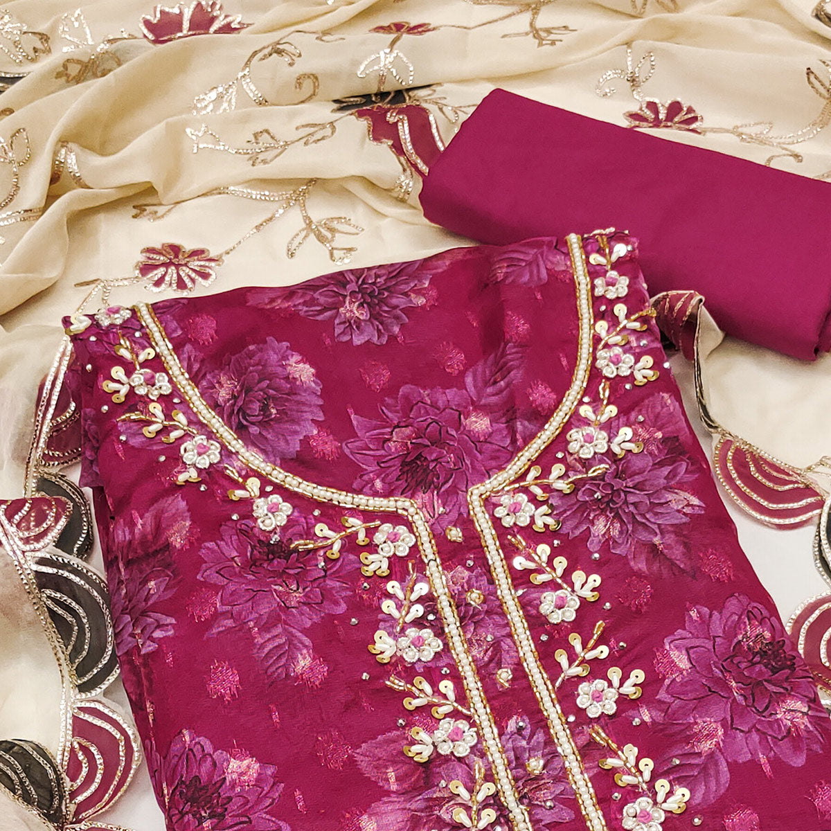 Dark Magenta Floral Printed With Handwork Viscose Banarasi Dress Material