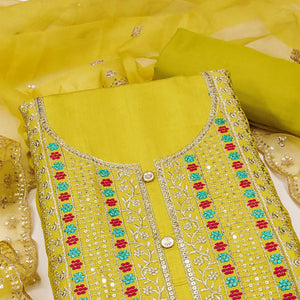 Green Floral Sequins Embroidered Roman Cotton Silk Dress Material