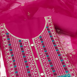 Pink Floral Sequins Embroidered Roman Cotton Silk Dress Material