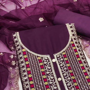 Wine Floral Sequins Embroidered Roman Cotton Silk Dress Material