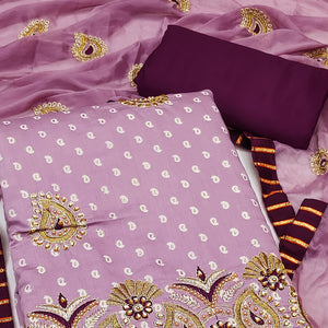 Light Purple Zari Embroidery With Handwork Roman Cotton Silk Dress Material