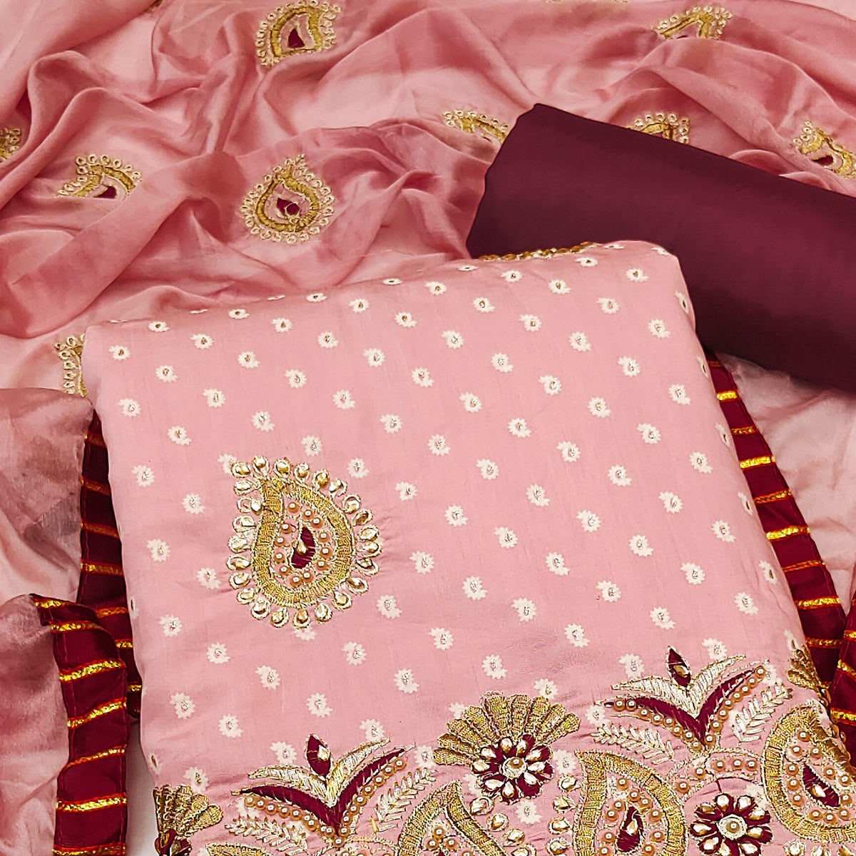Peach Zari Embroidery With Handwork Roman Cotton Silk Dress Material