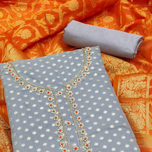 Grey Floral Woven With Handwork Banarasi Silk Jacquard Dress Material