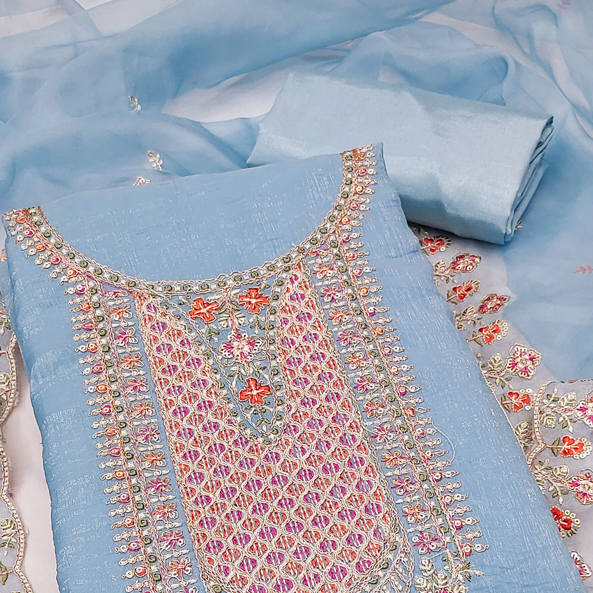 Blue Floral Sequins Embroidery Viscose Dress Material