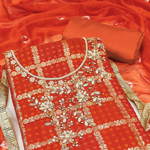 Orange Bandhani Woven With Handwork Cotton Silk Banarasi Dress Material
