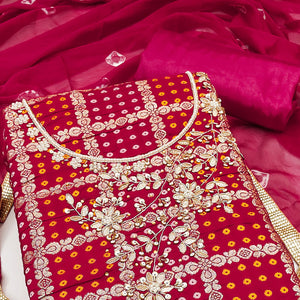 Pink Bandhani Woven With Handwork Cotton Silk Banarasi Dress Material