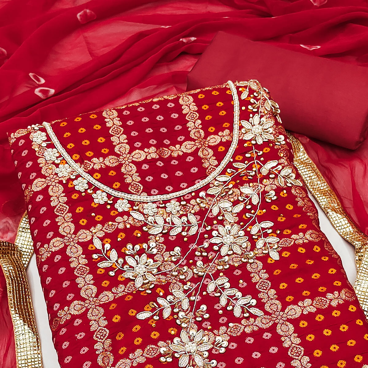 Red Bandhani Woven With Handwork Cotton Silk Banarasi Dress Material