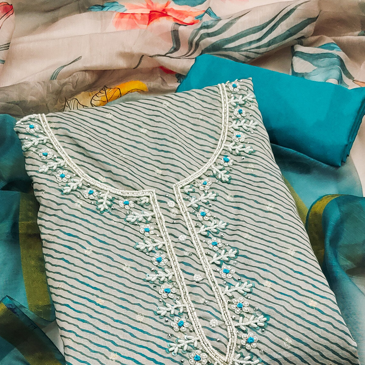 Blue Digital Printed With Handwork Modal Chanderi Silk Dress Material