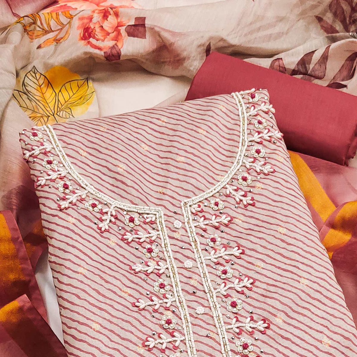 Dark Peach Digital Printed With Handwork Modal Chanderi Silk Dress Material