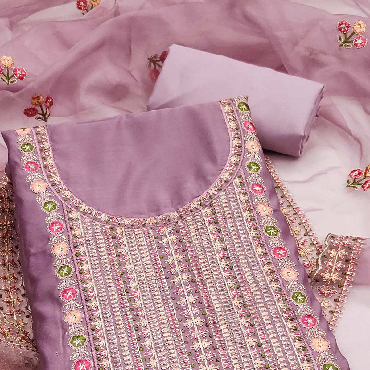 Light Purple Floral Embroidered Roman Cotton Silk Dress Material