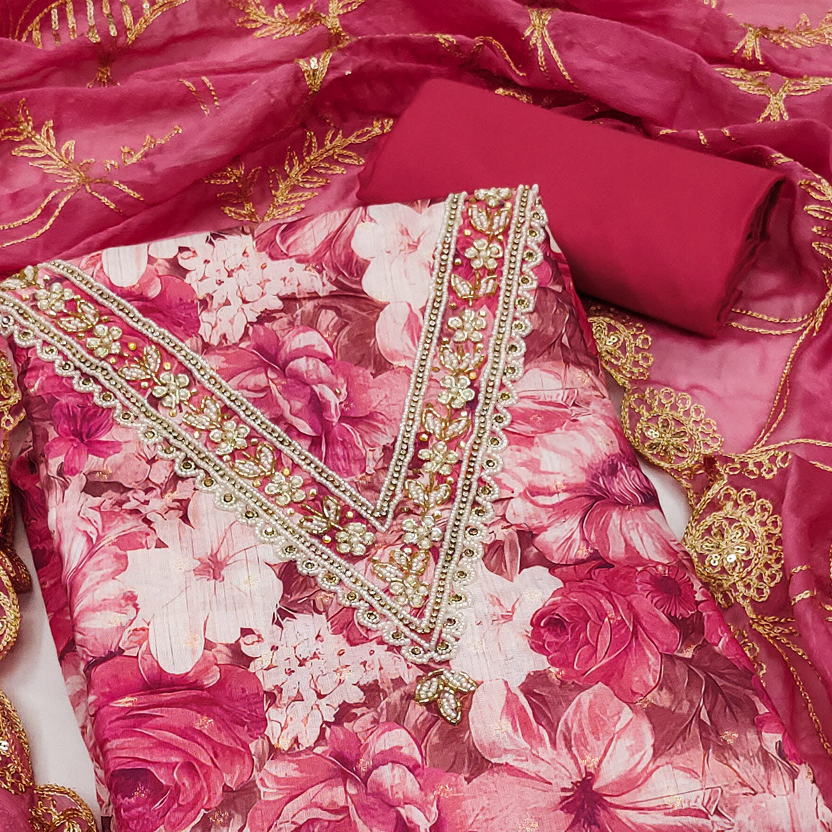 Pink Digital Printed With Handwork Viscose Banarasi Dress Material