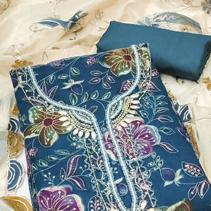 Blue Sequins Embroidery With Handwork Organza Dress Material