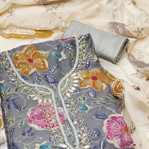 Grey Sequins Embroidery With Handwork Organza Dress Material