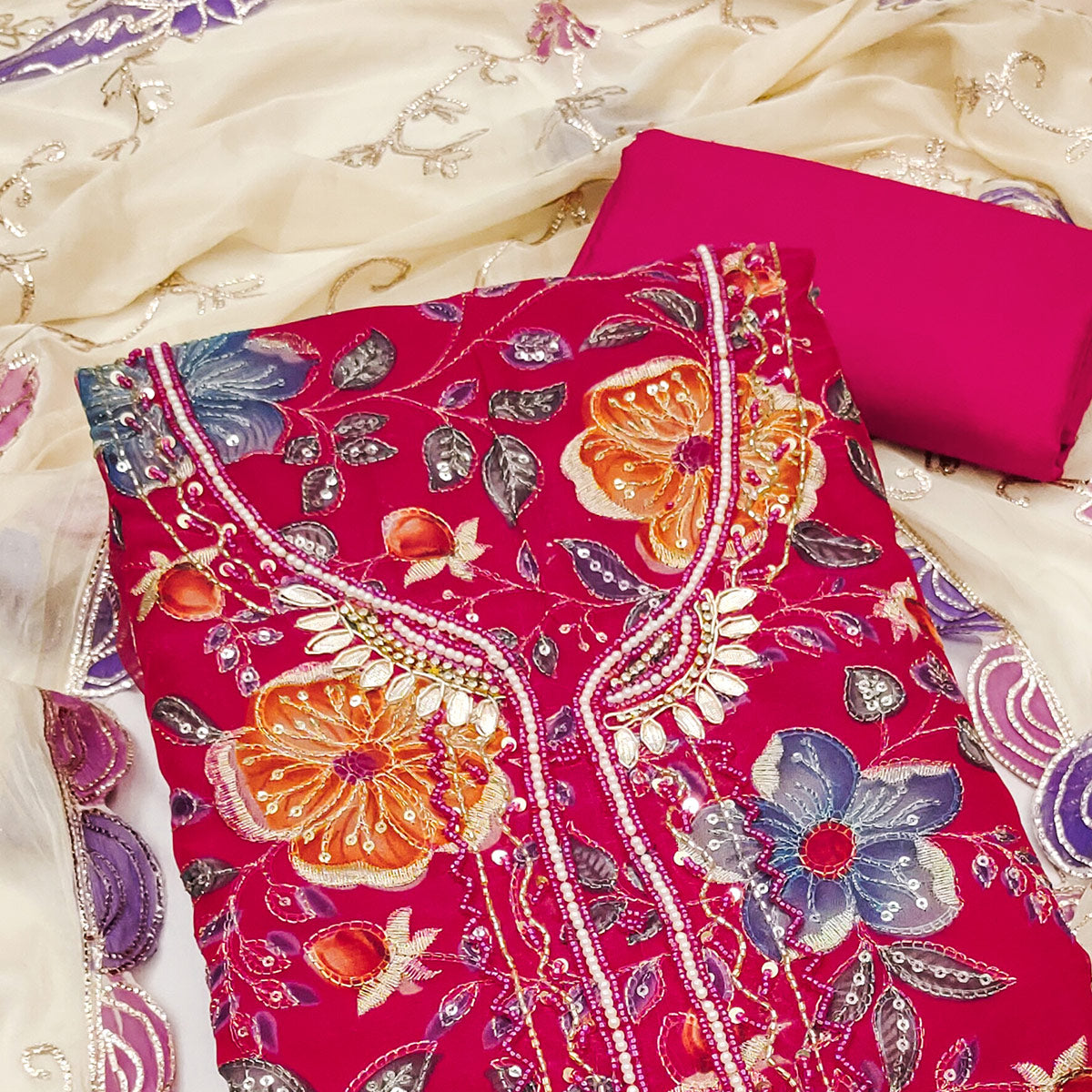 Pink Sequins Embroidery With Handwork Organza Dress Material